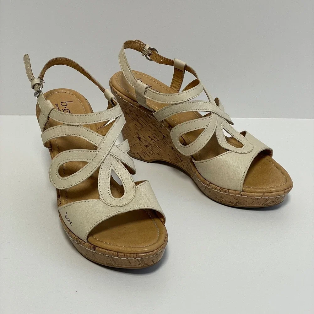 Boc Born Concept Cream Leather Cork Wedge Sandals‎ Women's Size 9
